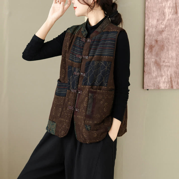Buddha Stones Fall Winter Vintage Tang Style Mandarin Collar Patchwork Design Tank Top Women's Vest With Pockets - image 4