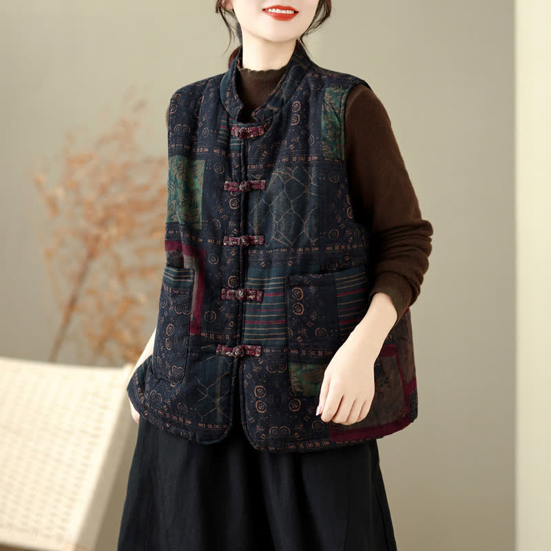 Buddha Stones Fall Winter Vintage Tang Style Mandarin Collar Patchwork Design Tank Top Women's Vest With Pockets - image 19