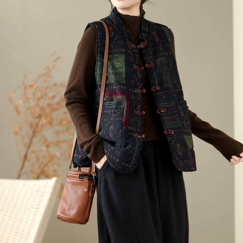 Buddha Stones Fall Winter Vintage Tang Style Mandarin Collar Patchwork Design Tank Top Women's Vest With Pockets - MidnightBlue - US8-10, UK/AU12-14, EU40-42 (XL) - image 16
