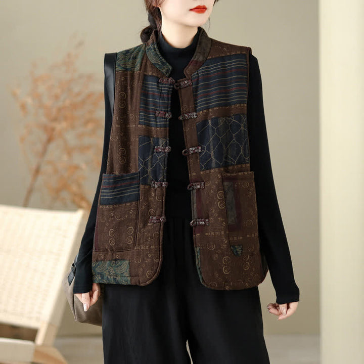 Buddha Stones Fall Winter Vintage Tang Style Mandarin Collar Patchwork Design Tank Top Women's Vest With Pockets - SaddleBrown - US8-10, UK/AU12-14, EU40-42 (XL) - image 0