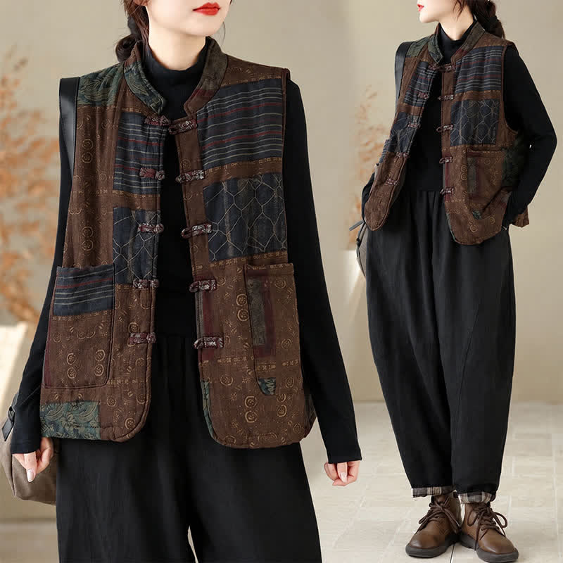 Buddha Stones Fall Winter Vintage Tang Style Mandarin Collar Patchwork Design Tank Top Women's Vest With Pockets - image 12