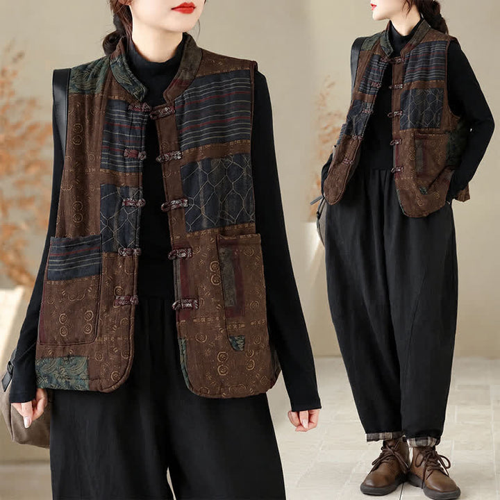 Buddha Stones Fall Winter Vintage Tang Style Mandarin Collar Patchwork Design Tank Top Women's Vest With Pockets - image 12