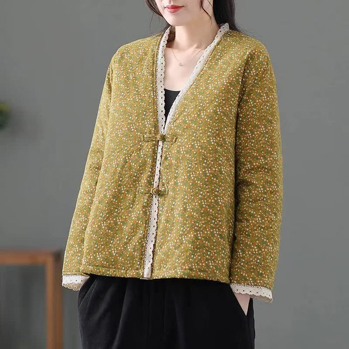 Buddha Stones Fall Winter Casual Vintage Button-Up V-Neck Dot Pattern Women's Jacket - Khaki - US12, UK/AU16, EU44 (3XL) - image 0