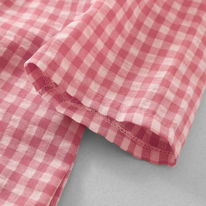Buddha Stones Spring Vintage Button-Up Pink Plaid Crew Neck Women's Long Sleeve Dress With Pockets - image 7