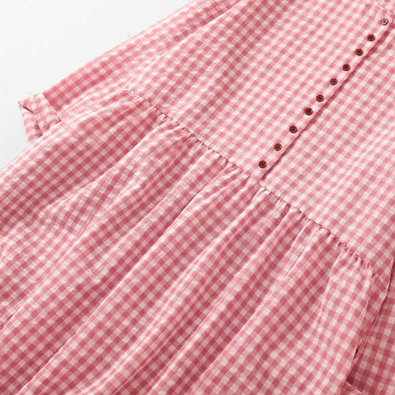 Buddha Stones Spring Vintage Button-Up Pink Plaid Crew Neck Women's Long Sleeve Dress With Pockets - image 5