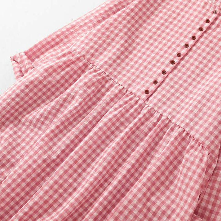 Buddha Stones Spring Vintage Button-Up Pink Plaid Crew Neck Women's Long Sleeve Dress With Pockets - image 5