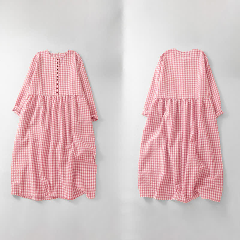 Buddha Stones Spring Vintage Button-Up Pink Plaid Crew Neck Women's Long Sleeve Dress With Pockets - image 3