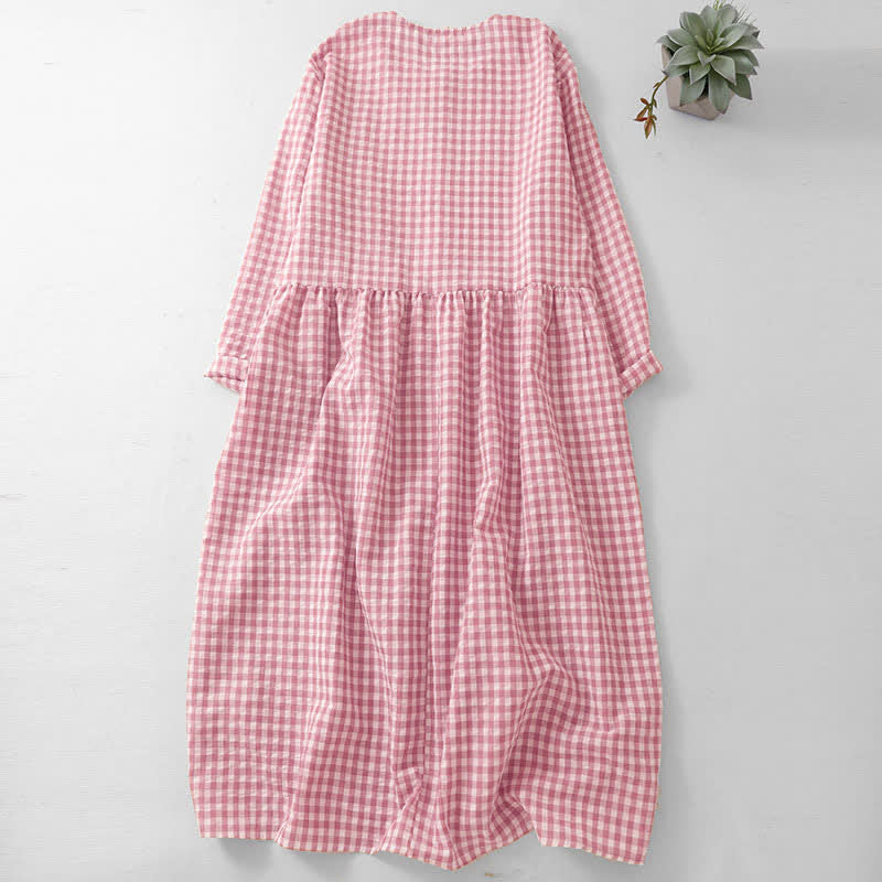 Buddha Stones Spring Vintage Button-Up Pink Plaid Crew Neck Women's Long Sleeve Dress With Pockets - image 1
