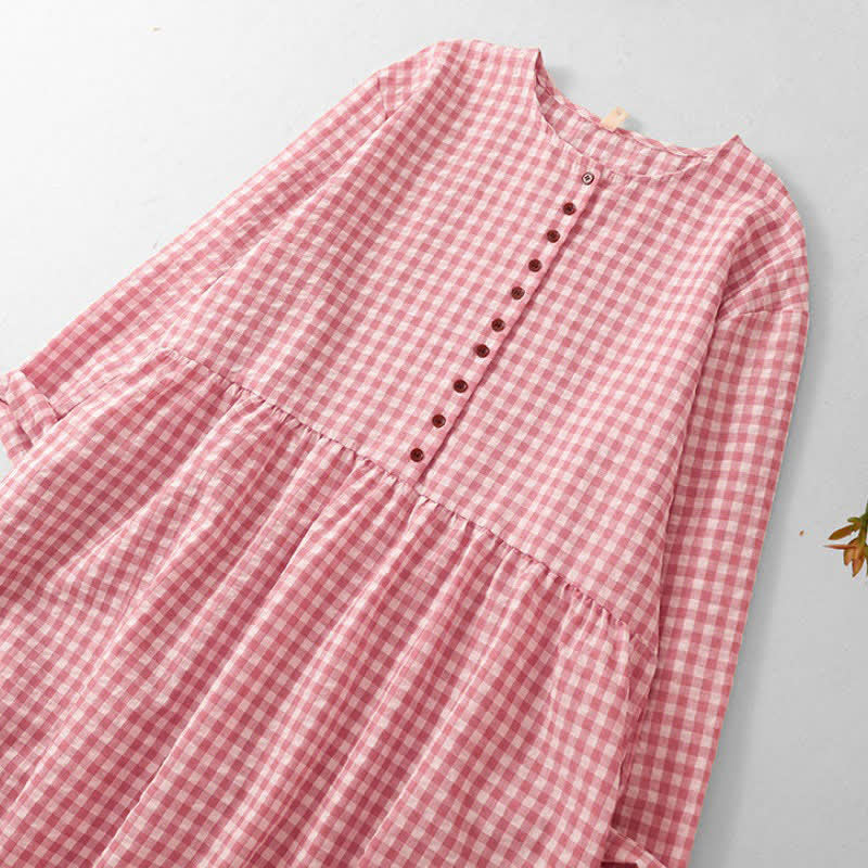 Buddha Stones Spring Vintage Button-Up Pink Plaid Crew Neck Women's Long Sleeve Dress With Pockets - image 4