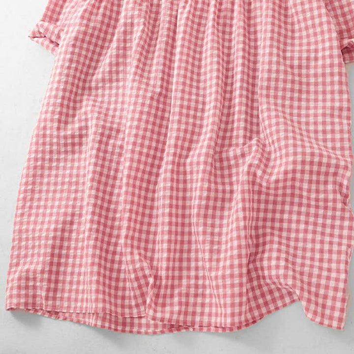 Buddha Stones Spring Vintage Button-Up Pink Plaid Crew Neck Women's Long Sleeve Dress With Pockets - image 9