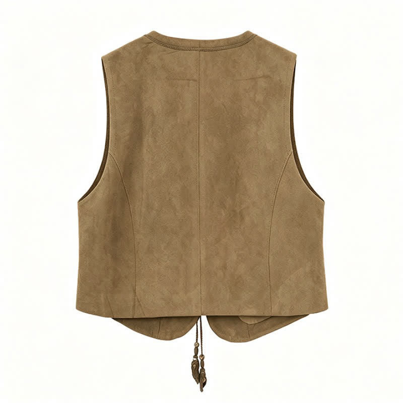 Buddha Stones Fall Vintage Casual Button-Up Drawstring V-Neck Solid Cotton Tank Top Women's Vest - image 12