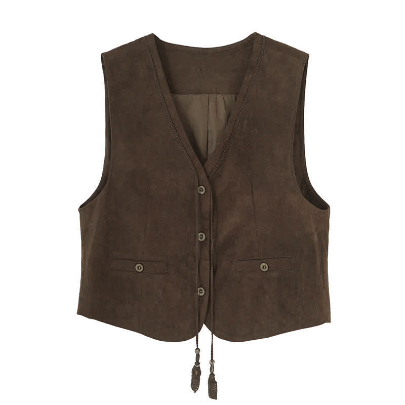 Buddha Stones Fall Vintage Casual Button-Up Drawstring V-Neck Solid Cotton Tank Top Women's Vest - image 1