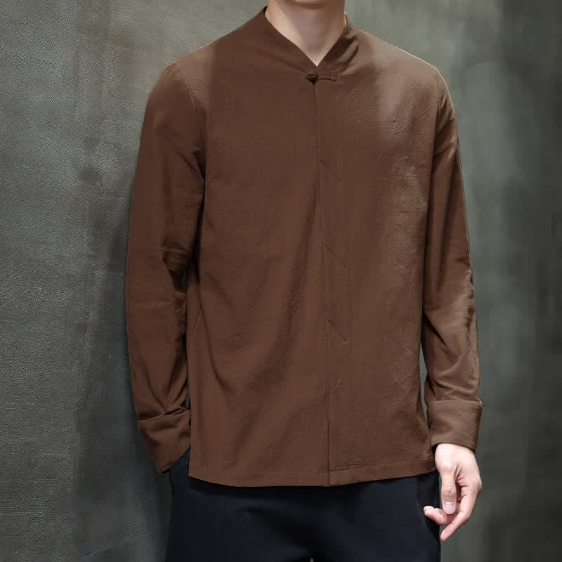 Buddha Stones Fall Tang Style Minimalist Frog Button Solid Men's Long Sleeve Shirts - image 15