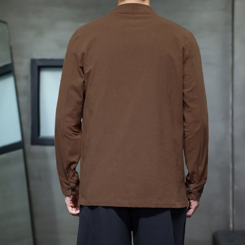 Buddha Stones Fall Tang Style Minimalist Frog Button Solid Men's Long Sleeve Shirts - image 14