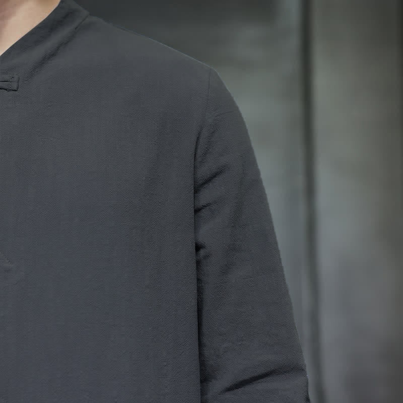 Buddha Stones Fall Tang Style Minimalist Frog Button Solid Men's Long Sleeve Shirts - image 5