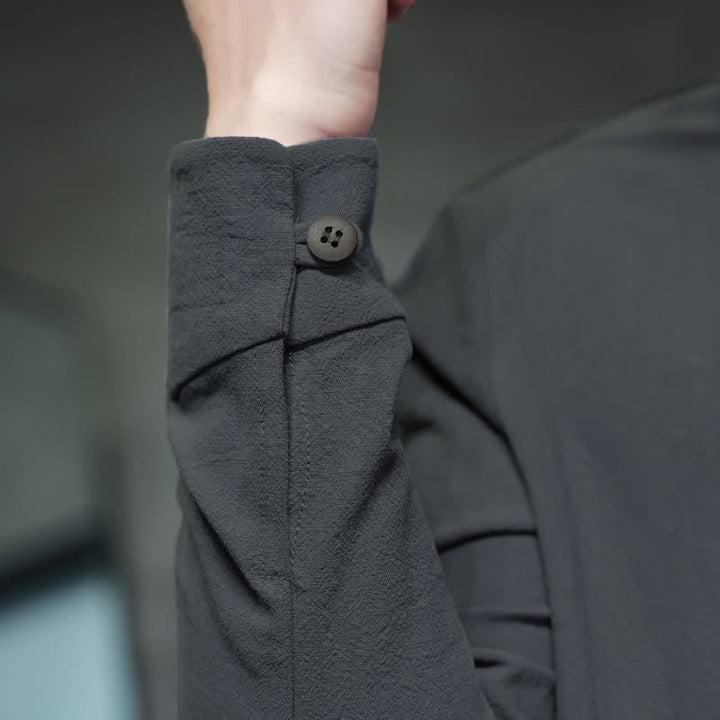 Buddha Stones Fall Tang Style Minimalist Frog Button Solid Men's Long Sleeve Shirts - image 9