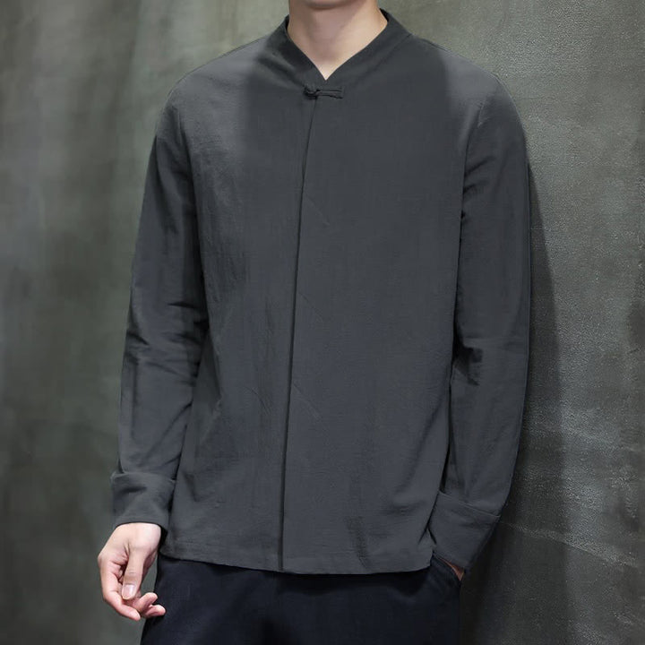 Buddha Stones Fall Tang Style Minimalist Frog Button Solid Men's Long Sleeve Shirts - DimGray - US/UK/AU46, EU56 (5XL) - image 0
