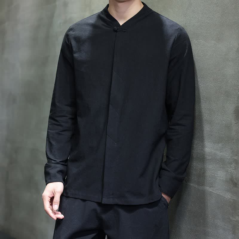 Buddha Stones Fall Tang Style Minimalist Frog Button Solid Men's Long Sleeve Shirts - image 23