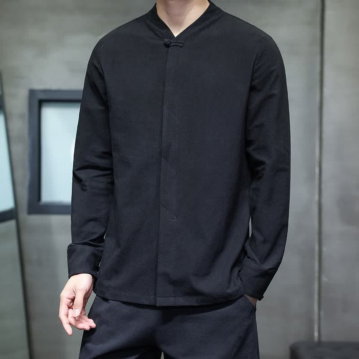 Buddha Stones Fall Tang Style Minimalist Frog Button Solid Men's Long Sleeve Shirts - Black - US/UK/AU46, EU56 (5XL) - image 17