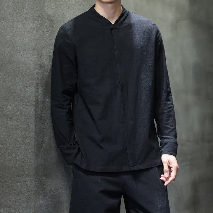 Buddha Stones Fall Tang Style Minimalist Frog Button Solid Men's Long Sleeve Shirts - image 20