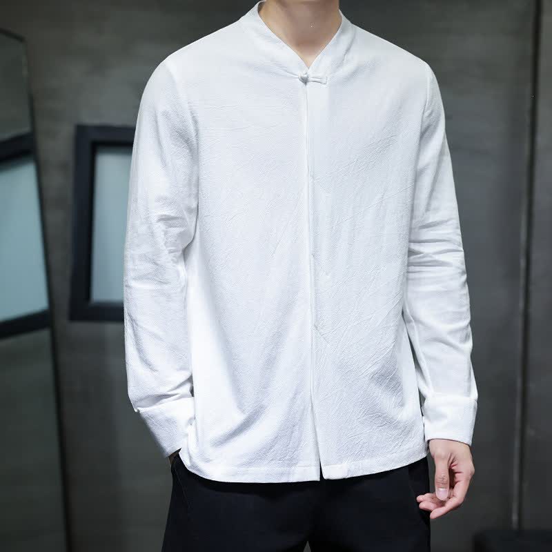 Buddha Stones Fall Tang Style Minimalist Frog Button Solid Men's Long Sleeve Shirts - image 27