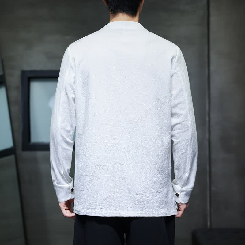 Buddha Stones Fall Tang Style Minimalist Frog Button Solid Men's Long Sleeve Shirts - image 28
