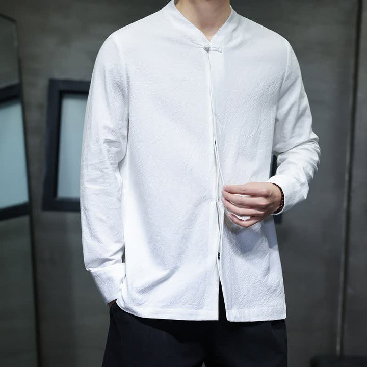 Buddha Stones Fall Tang Style Minimalist Frog Button Solid Men's Long Sleeve Shirts - image 25