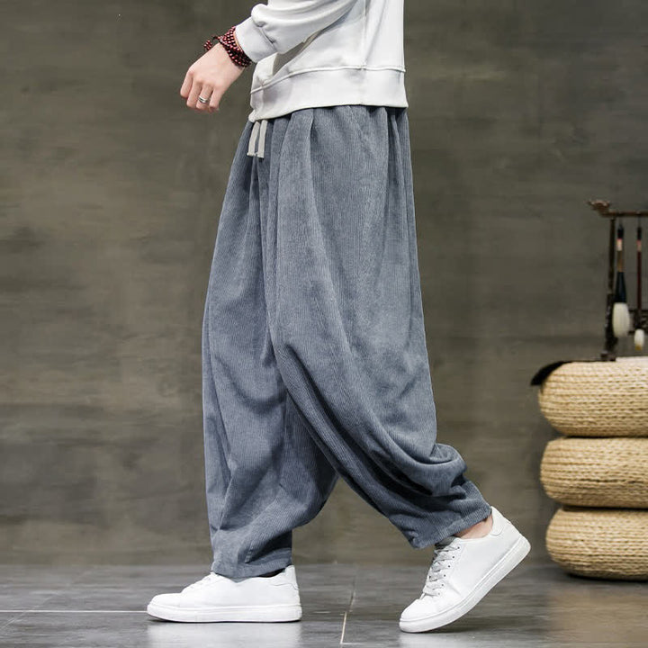 Buddha Stones Fall Winter Retro Casual Drawstring Solid Ankle Pants Corduroy Men's Harem Pants With Pocket - LightSlateGray - US/UK/AU46, EU56 (5XL) - image 0