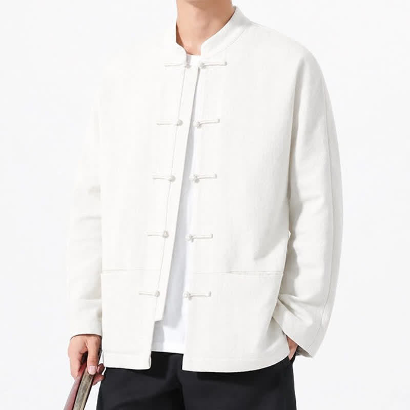 Buddha Stones Spring Fall Tang Style Frog Button Solid Cotton Linen Men's Long Sleeve Shirts With Pockets - image 41