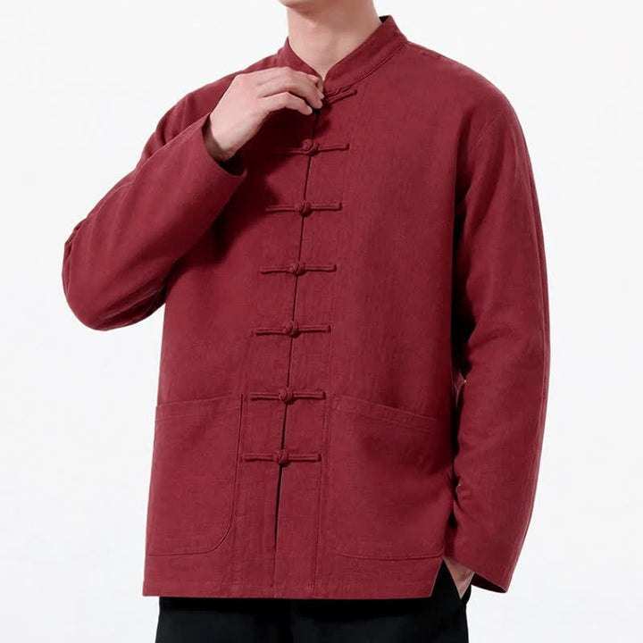 Buddha Stones Spring Fall Tang Style Frog Button Solid Cotton Linen Men's Long Sleeve Shirts With Pockets - image 22