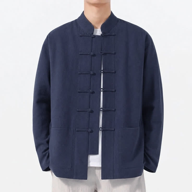 Buddha Stones Spring Fall Tang Style Frog Button Solid Cotton Linen Men's Long Sleeve Shirts With Pockets - image 6