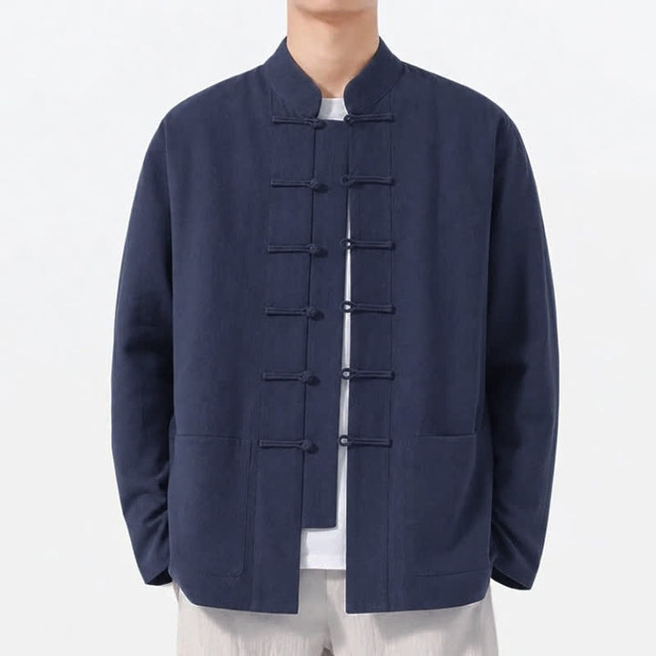 Buddha Stones Spring Fall Tang Style Frog Button Solid Cotton Linen Men's Long Sleeve Shirts With Pockets - image 6