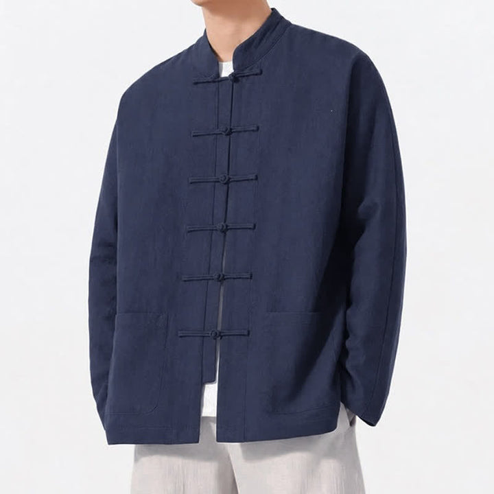 Buddha Stones Spring Fall Tang Style Frog Button Solid Cotton Linen Men's Long Sleeve Shirts With Pockets - image 2