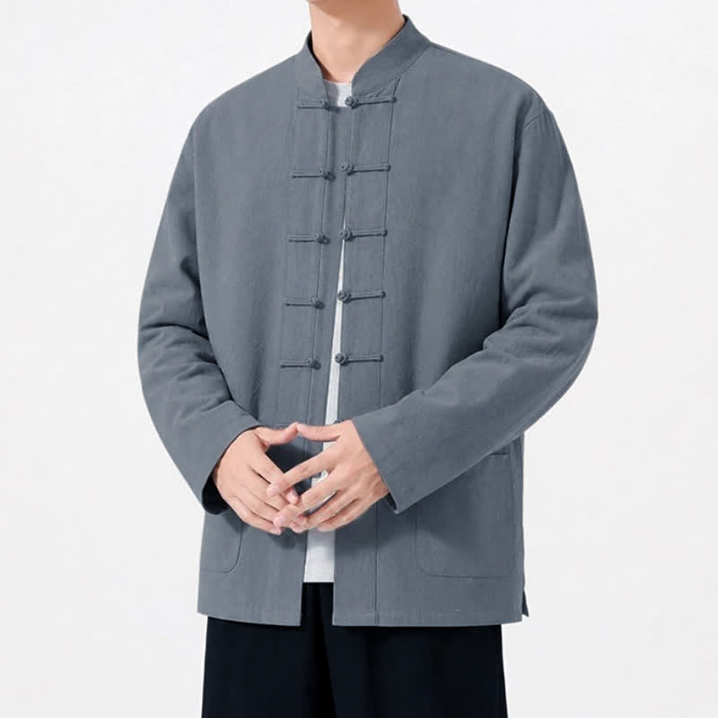 Buddha Stones Spring Fall Tang Style Frog Button Solid Cotton Linen Men's Long Sleeve Shirts With Pockets - image 11