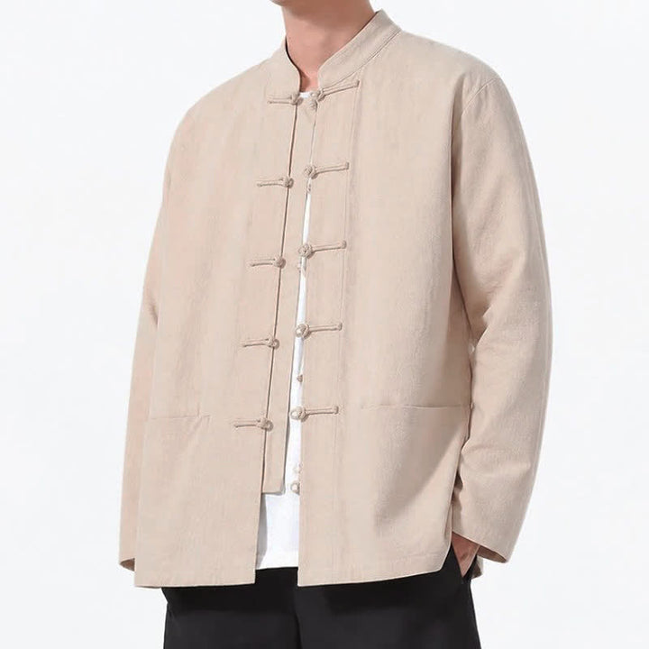 Buddha Stones Spring Fall Tang Style Frog Button Solid Cotton Linen Men's Long Sleeve Shirts With Pockets - image 32