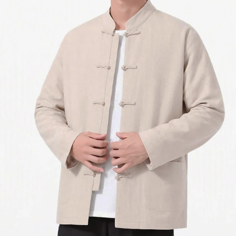 Buddha Stones Spring Fall Tang Style Frog Button Solid Cotton Linen Men's Long Sleeve Shirts With Pockets - image 30