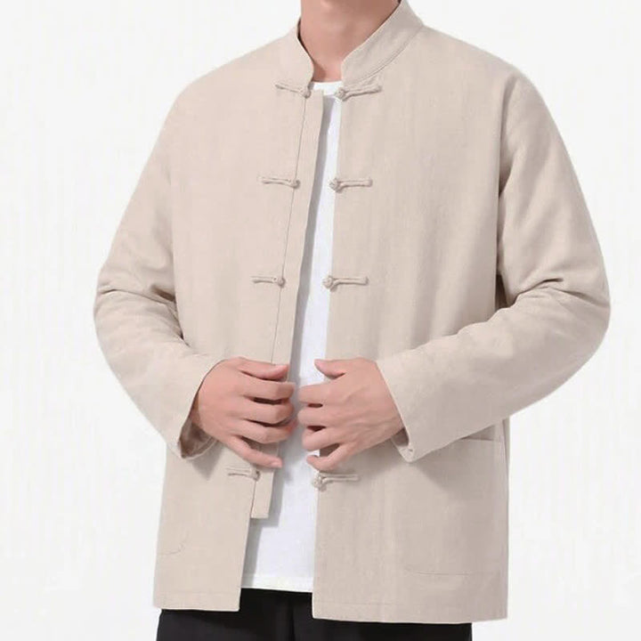 Buddha Stones Spring Fall Tang Style Frog Button Solid Cotton Linen Men's Long Sleeve Shirts With Pockets - image 30