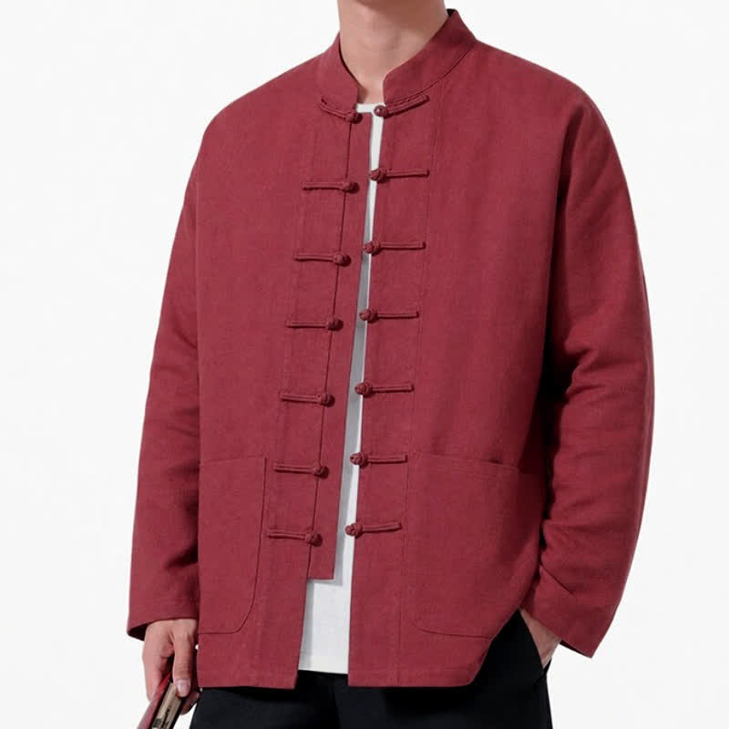 Buddha Stones Spring Fall Tang Style Frog Button Solid Cotton Linen Men's Long Sleeve Shirts With Pockets - image 24