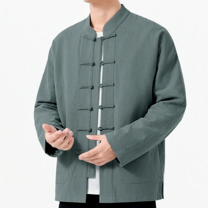 Buddha Stones Spring Fall Tang Style Frog Button Solid Cotton Linen Men's Long Sleeve Shirts With Pockets - image 37