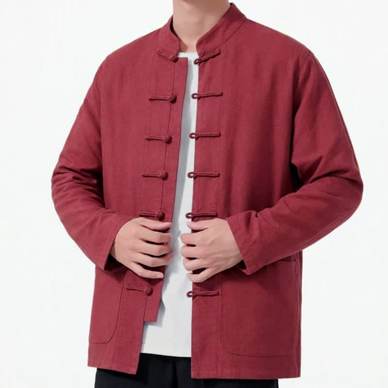 Buddha Stones Spring Fall Tang Style Frog Button Solid Cotton Linen Men's Long Sleeve Shirts With Pockets - image 23