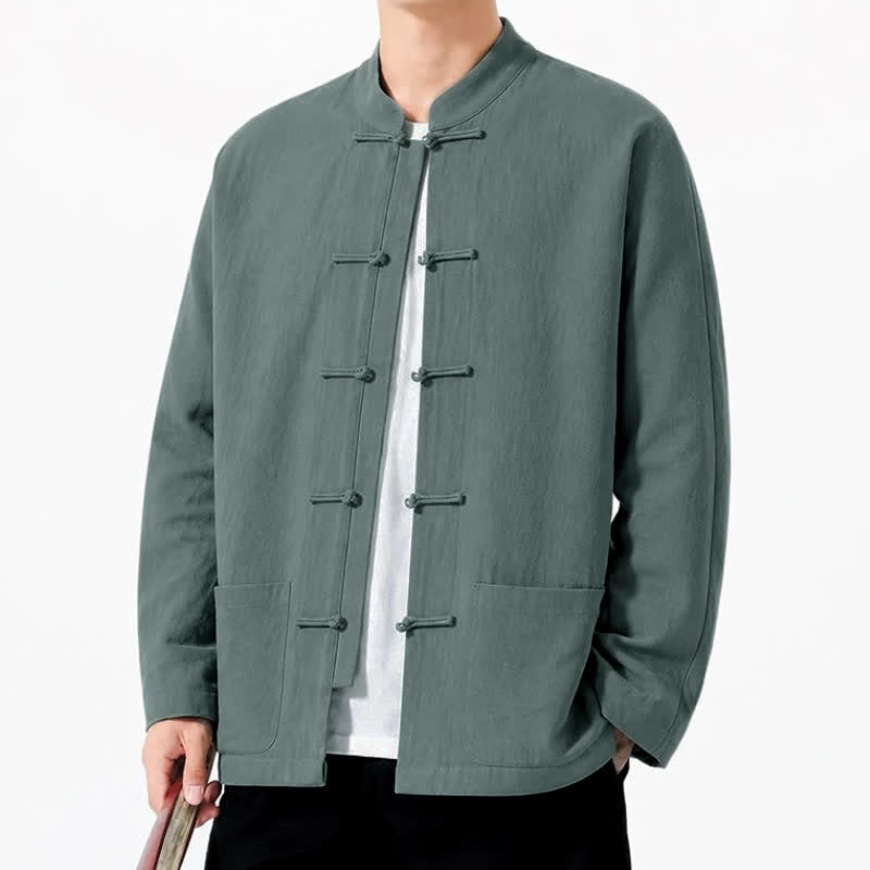 Buddha Stones Spring Fall Tang Style Frog Button Solid Cotton Linen Men's Long Sleeve Shirts With Pockets - image 36
