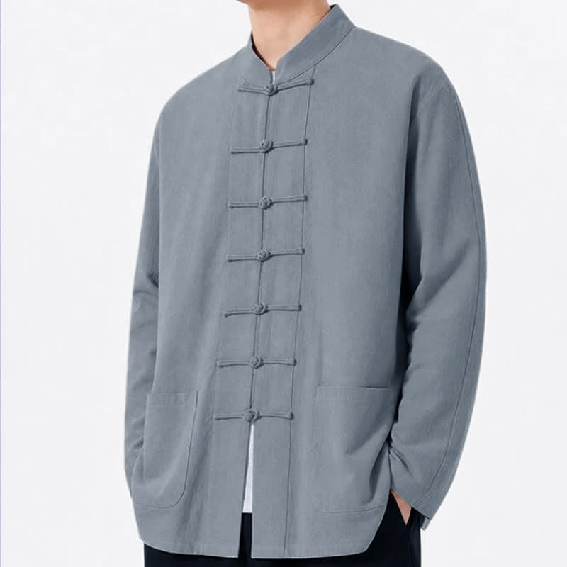Buddha Stones Spring Fall Tang Style Frog Button Solid Cotton Linen Men's Long Sleeve Shirts With Pockets - image 10