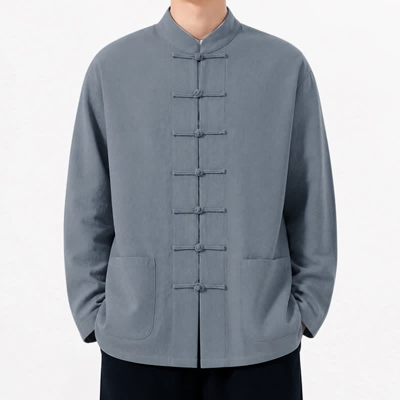 Buddha Stones Spring Fall Tang Style Frog Button Solid Cotton Linen Men's Long Sleeve Shirts With Pockets - image 12