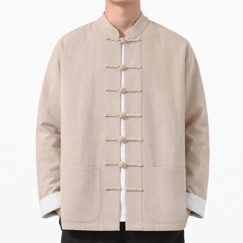 Buddha Stones Spring Fall Casual Tang Style Frog Button Solid Cotton Linen Men's Long Sleeve Shirts With Pockets - image 35