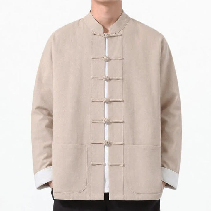 Buddha Stones Spring Fall Casual Tang Style Frog Button Solid Cotton Linen Men's Long Sleeve Shirts With Pockets - image 35