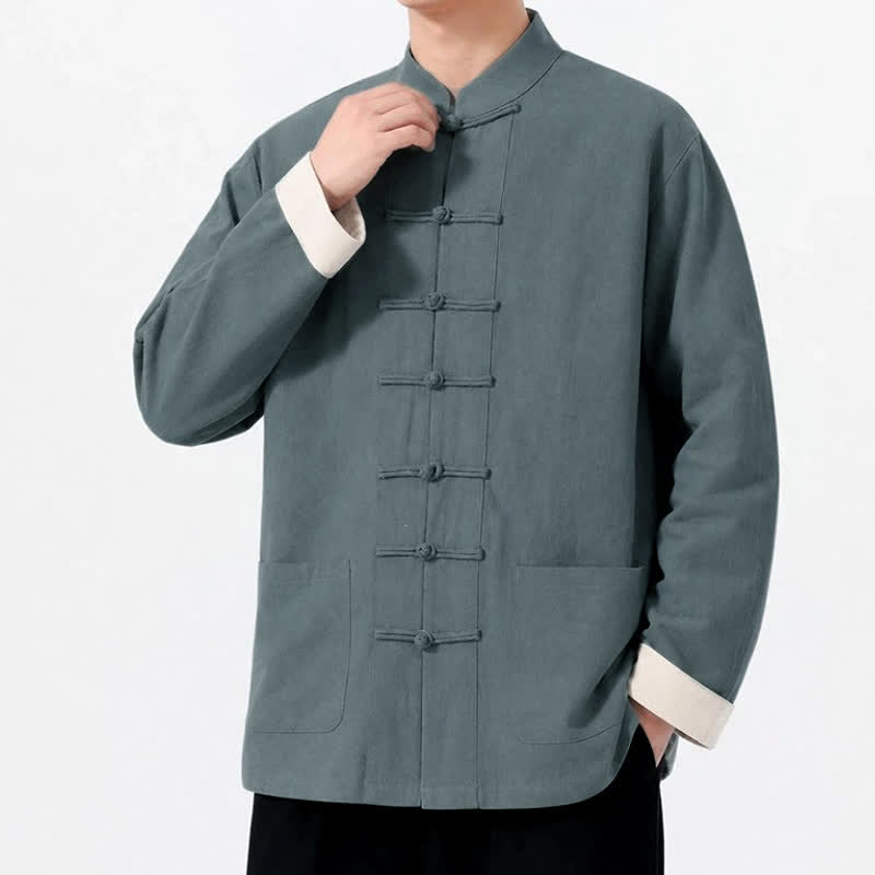 Buddha Stones Spring Fall Casual Tang Style Frog Button Solid Cotton Linen Men's Long Sleeve Shirts With Pockets - image 5