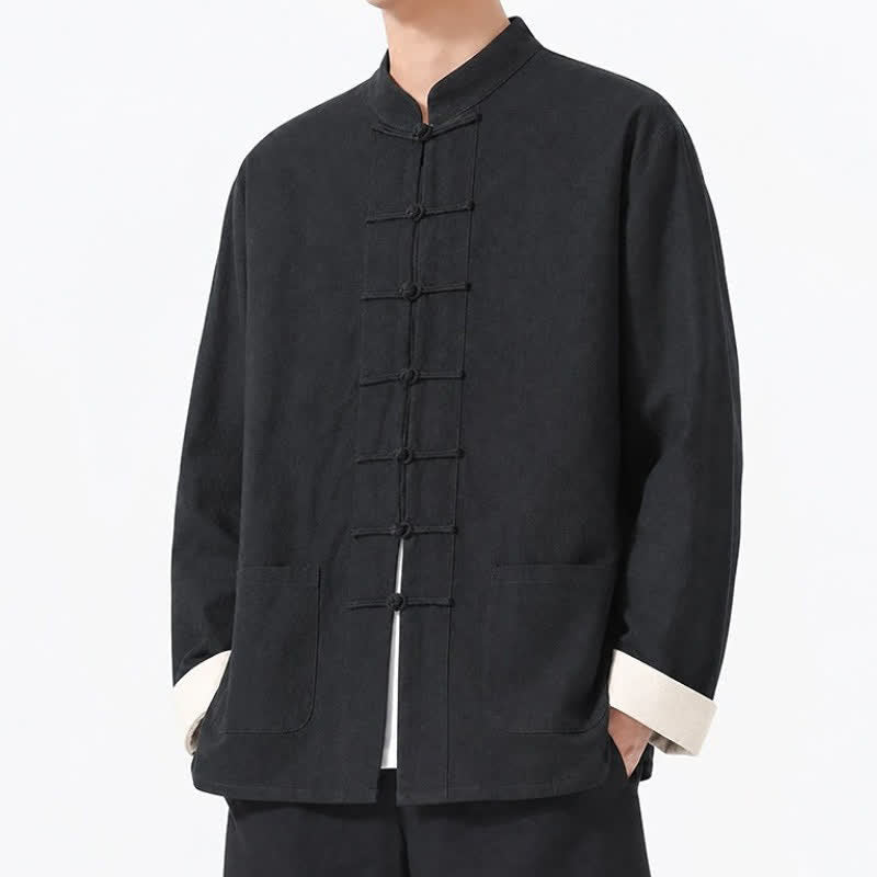 Buddha Stones Spring Fall Casual Tang Style Frog Button Solid Cotton Linen Men's Long Sleeve Shirts With Pockets - image 15