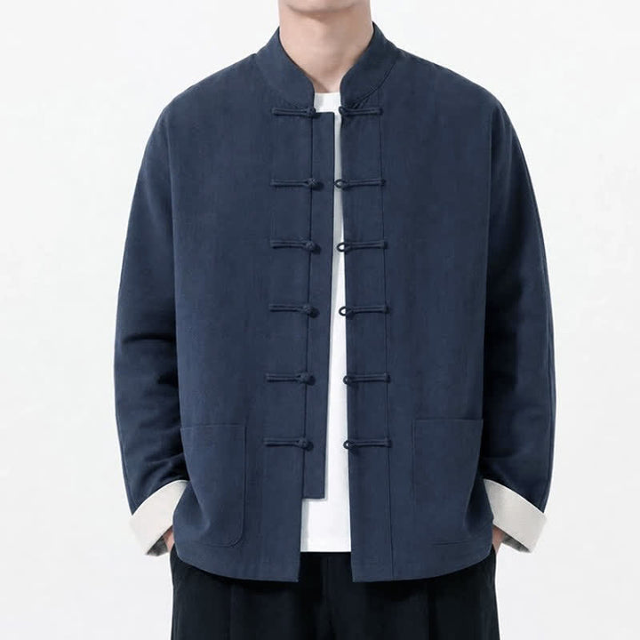 Buddha Stones Spring Fall Casual Tang Style Frog Button Solid Cotton Linen Men's Long Sleeve Shirts With Pockets - MidnightBlue - US/UK/AU46, EU56 (5XL) - image 26