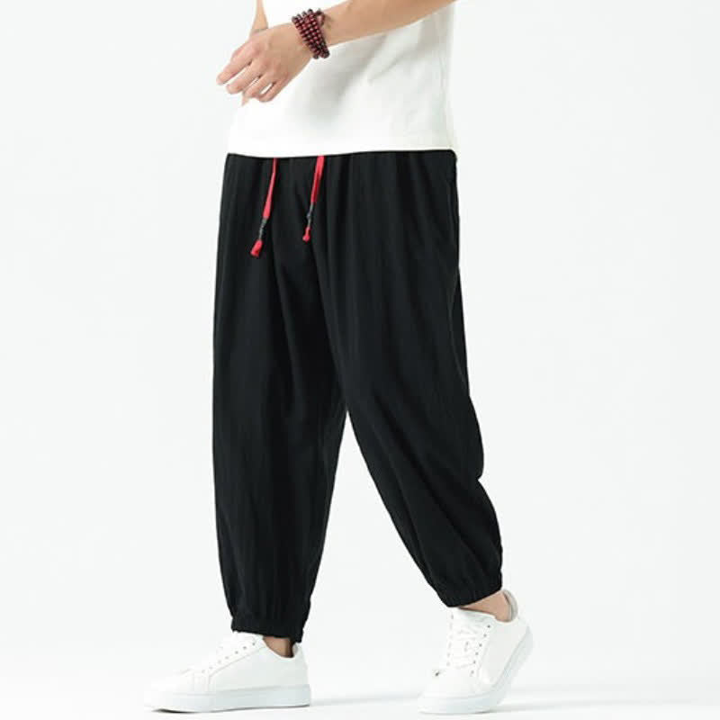 Buddha Stones Fall Winter Casual Minimalist Drawstring Solid Cotton Ankle Pants Men's Tapered Pants With Pockets - Black - US/UK/AU46, EU56 (5XL) - image 6