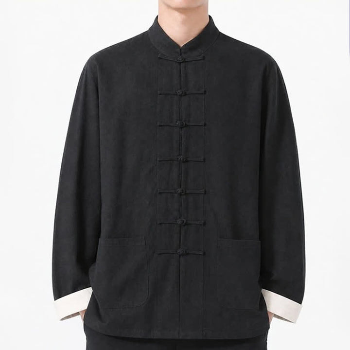 Buddha Stones Spring Fall Casual Tang Style Frog Button Solid Cotton Linen Men's Long Sleeve Shirts With Pockets - image 19